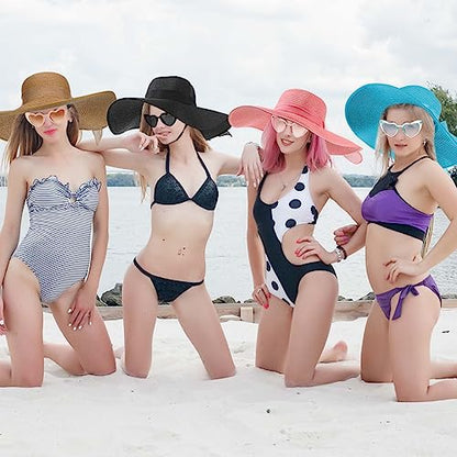 Jeyiour 12 Pcs Women Floppy Sun Hat and Heart Sunglasses Set, Wide Brim Straw Hats with Bow, Tea Party & Beach Pool Favors - color: Multicolor, style: Glitter