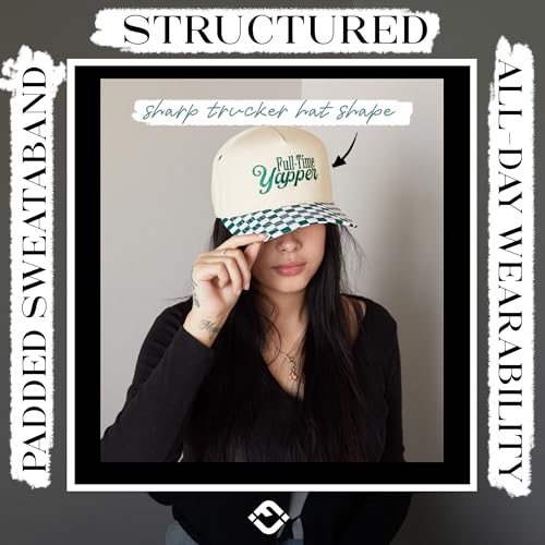 Funky Junque Trucker Snapback Hat - color: Full Time Yapper - Checker Print - Green/Beige