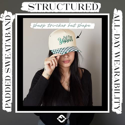 Funky Junque Trucker Snapback Hat - color: Full Time Yapper - Checker Print - Green/Beige