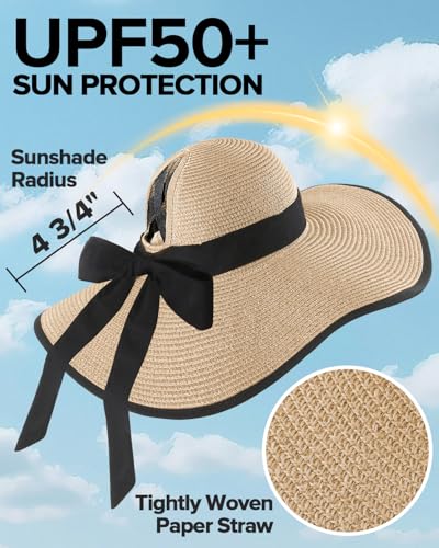 Sun Beach Hats for Women with Ponytail Hole, Floppy Wide Brim Beach Hat, Straw Summer Packable Sunhat Foldable Sun Protection - color: Beige, size: Medium
