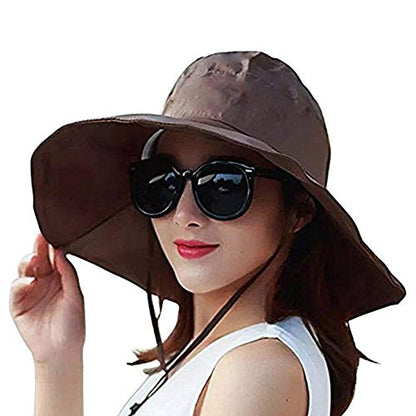 Women Summer Rain UV UPF 50 Sun Protection Wide Brim Hat - Foldable Bucket Sun Hat - color: Brown