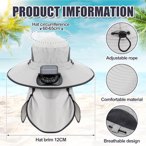 Berlune Solar Fan Hat Wide Brim with Neck Flap UPF 50+ - color: Light Gray