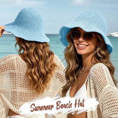 Sun Hat for Women Summer Straw Beach Hats Bucket Hat Floppy Crochet Hat - color: Blue