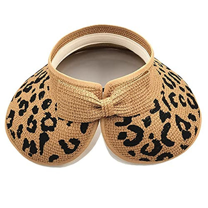 Women Sun Visors Wide Brim Foldable Packable Ponytail Beach Hat Straw Leopard Roll Up Bow Visor Sun Hats - color: Leopard