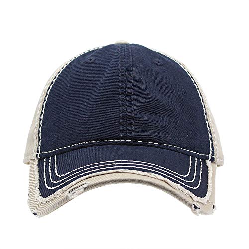 Washed Cotton Distressed with Heavy Stitching Adjustable Baseball Cap - color: Navy/Navy/Khaki