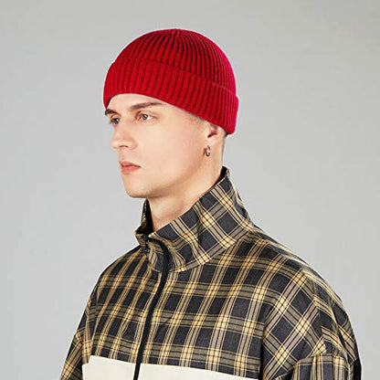 3 Pack Wool Fisherman Beanies for Men, Short Knit Watch Cap Cuffed Hats - color: E-black, Gray, Red