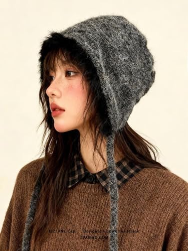 Women Winter Fleece Beanies Hat with Ear Flaps Soft Warm Crochet Skull Cap - color: B Grey