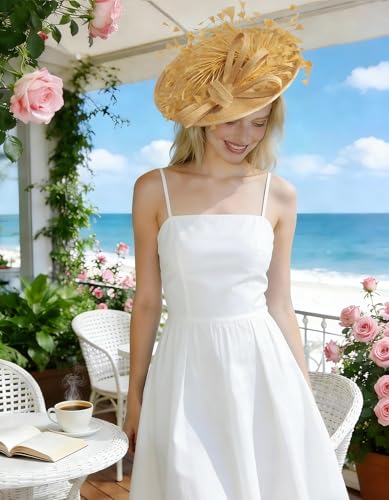 Unpifolov Fascinators Hats Elegant Women Flower Mesh Feathers Wedding Cocktail Bride Headband for Derby Hat Tea Party - color: Khaki