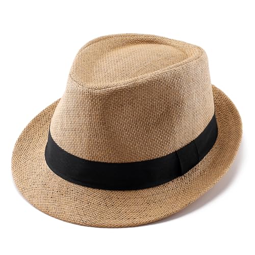 Straw Fedora Hats for Men Women, 1920s Short Brim Trilby Panama Hat Summer Beach Sun Cap - color: Khaki