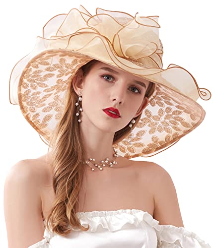 ORIDOOR Women’s Organza Church Tea Party Wedding Fascinator Derby Hat Wide Brim Sun Hats - color: Gold