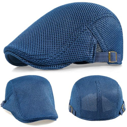 2 Pack Men's Mesh Cap Breathable Summer Newsboy Hat Adjustable Beret Ivy Cap Irish Cabbie Driving Hunting Hats - color: Black/Navy
