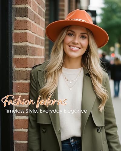 Men & Women Wide Brim Fedora Hat with Chain Buckle - color: Chain Belt-orange