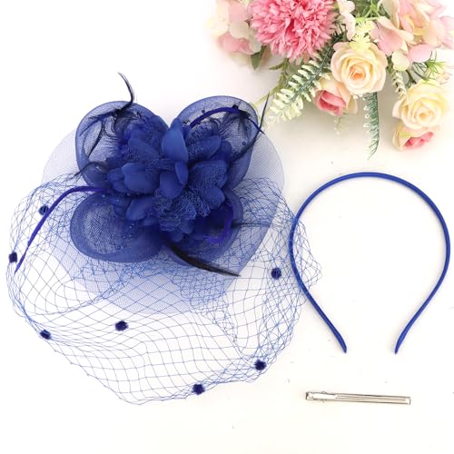 Semato Fascinators Hats for Women Mesh Feathers Elegant Royal Blue Tea Party Kentucky Hat Derby Headband with Hair Clip - color: Royal Blue