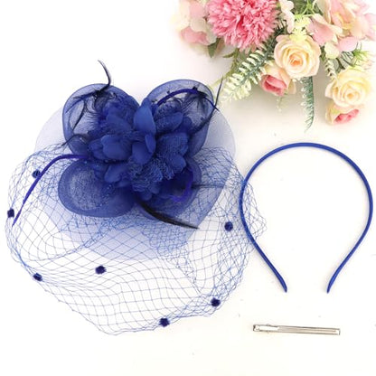 Semato Fascinators Hats for Women Mesh Feathers Elegant Royal Blue Tea Party Kentucky Hat Derby Headband with Hair Clip - color: Royal Blue