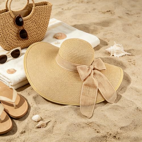 DRESHOW Big Straw Sun Hats for Women Floppy Foldable Roll up Beach Cap Sun Hat UPF 50+ Vacation Honeymoon Embroidered Hat - color: Aca Khaki 5.9' Brim
