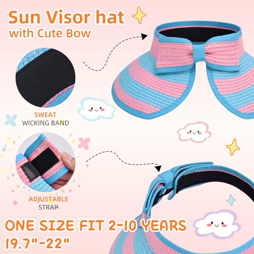 Girls Sun Visor Hat with Ponytail Hole Wide Brim Beach Straw Visor UPF 50+ - color: 1pack-sea Blue Pink