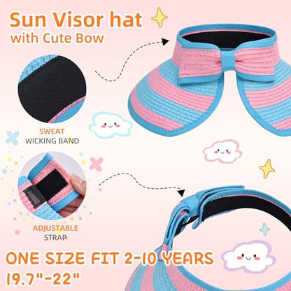 Girls Sun Visor Hat with Ponytail Hole Wide Brim Beach Straw Visor UPF 50+ - color: 1pack-sea Blue Pink