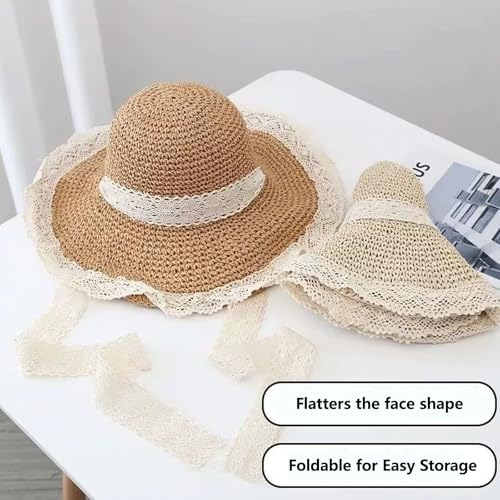 Women's Wide Brim Straw Sun Hat Beach Travel Bucket Hat Packable - color: Khaki