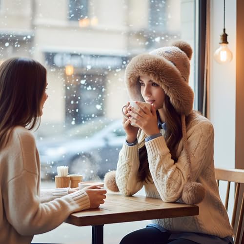 Women Winter Sherpa Beanie Hats Knit Ear Flap Hat Fleece Lined - color: Khaki With 3 Pompoms