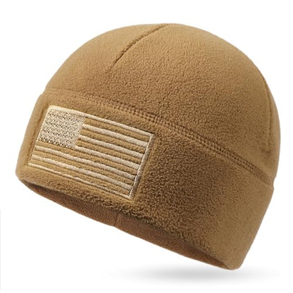 OUTDOOR SHAPING American Flag Fleece Beanie with Embroidered Patch Hat - color: Coyote Brown