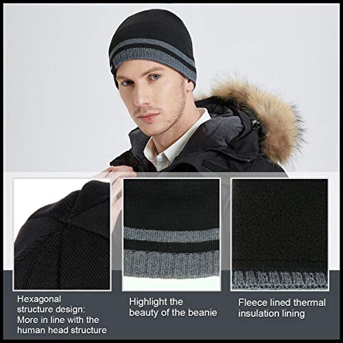 Mens Winter Beanie Hat Warm Knit Cuffed Plain Toboggan Ski Skull Cap (3 Patterns) - color: Black