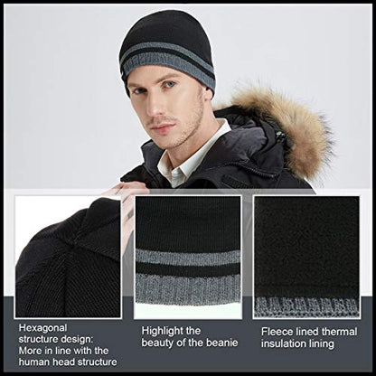 Mens Winter Beanie Hat Warm Knit Cuffed Plain Toboggan Ski Skull Cap (3 Patterns) - color: Black