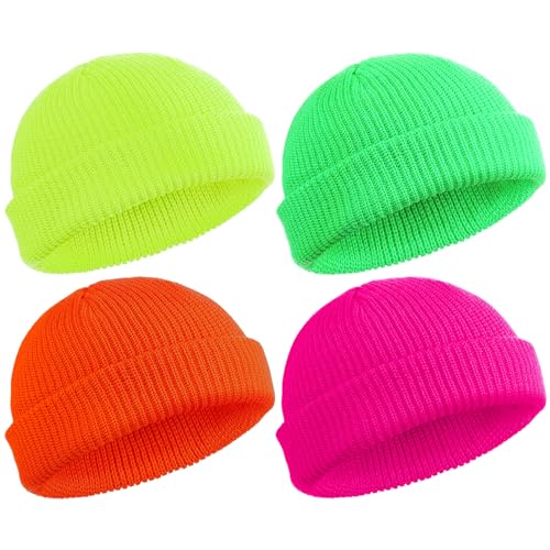 SATINIOR 4 Pieces Trawler Beanie Watch Hat Roll up Edge Skullcap Fisherman Beanie Unisex - color: Bright Yellow, Bright Green, Bright Orange, Rose Red, size: One Size