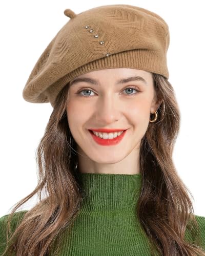 ZLYC Women French Beret Hat Reversible Solid Color Knit Warm Artist Cap - color: Rhinestones Camel