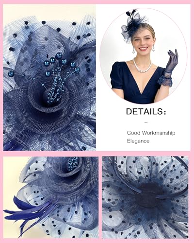 Fascinator Tea Party Hat Set for Women Elegant Vintage Accessories for High Tea Wedding Bridal Shower - color: Navy Blue