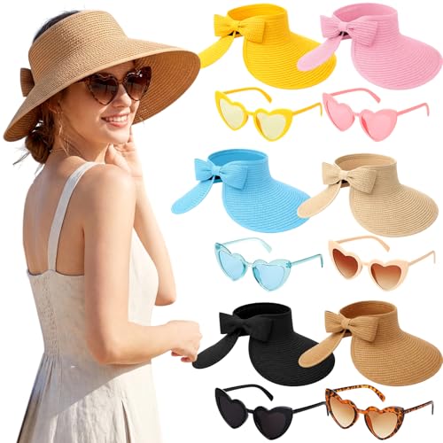 12 pcs Sun Hats and Heart Sunglasses Sets Wide Brim Beach Hat Summer UV Packable Foldable Visors for Women, Girls - color: Multicolor