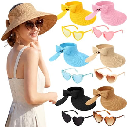 12 pcs Sun Hats and Heart Sunglasses Sets Wide Brim Beach Hat Summer UV Packable Foldable Visors for Women, Girls - color: Multicolor