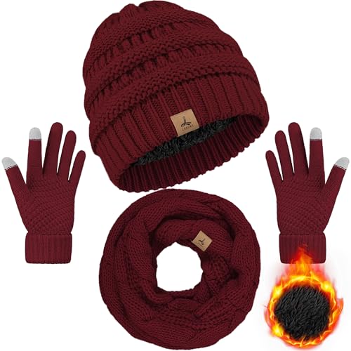 LOROME Winter Beanie Hat Scarf Gloves, Warm Fleece Knit Neck Scarf Set Gift - color: Wine Red