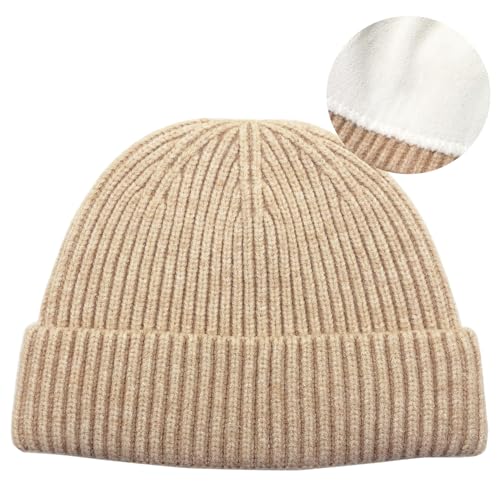 ROYBENS Swag Wool Knit Cuff Short Fisherman Beanie for Men Women Winter Hat - color: 1pcs-apricot-thick Double Layer