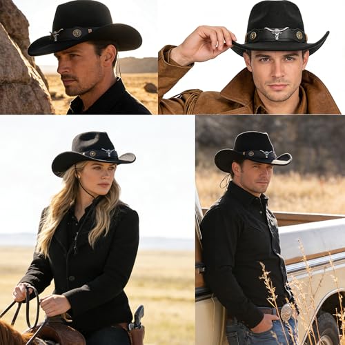 IZUS Women Sparkly-Rhinestone Western-Cowgirl-Hat Glitter-Bling Cowboy-Hat Felt-Rodeo-Hat for Disco-Party Medium/Large - color: Black-s3 Black Bull Strap