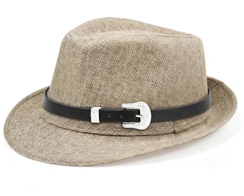 Classic Fedora Hat for Men Women Short Brim Panama Summer Beach Hat Accessories with Belt Buckle - color: Beige, size: Small-Medium