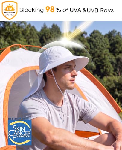 Home Prefer UPF 50+ Sun Hats for Men Women Wide Brim Fishing Hat with Neck Flap UV Protection Sunblock Safari Bucket Hat - color: White