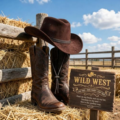 Classic Western Rolled-up Vegan Suede Cowboy Hat - color: Reddish Brown