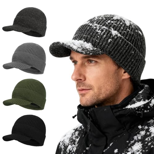 BEARAE XL-XXL Winter Beanie with Brim, Fleece Lined Knit Beanie Hat for Men, Waterproof Winter Hat Ski Cap for Cold Weather - color: Dark Grey