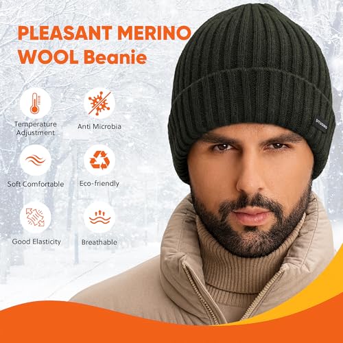 Winter Beanie Merino Wool Fleece Lined for Men Women Soft Warm Knit Hat Ski Stocking Cuffed Cap - color: Green