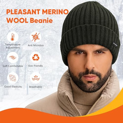 Winter Beanie Merino Wool Fleece Lined for Men Women Soft Warm Knit Hat Ski Stocking Cuffed Cap - color: Green