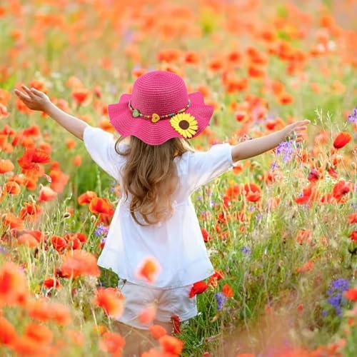 Girls Straw Hat with Flower Round Sunglasses, Summer Foldable Large Brim Sunflower Bowknot Beach Toddler Straw Sun Hat, 2-6T - color: Hot Pink