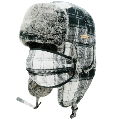 Unisex Winter Trapper Hat Cold Proof Keep Warm Hat with Ear Flaps for Hunting Skiing Trooper Winter Outdoor Activities - color: Black White With Mask, size: Large-X-Large