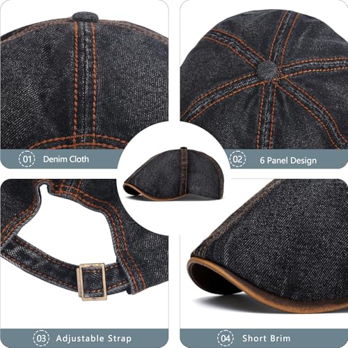 meioro Mens Denim Newsboy Hat 6 Panel Cotton Adjustable Flat Cap - color: Black