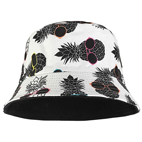 Falari Reversible Bucket Hat for Men Women Summer Travel Beach Outdoor Fishing Hat 100% Cotton - color: J903-white-pineapple