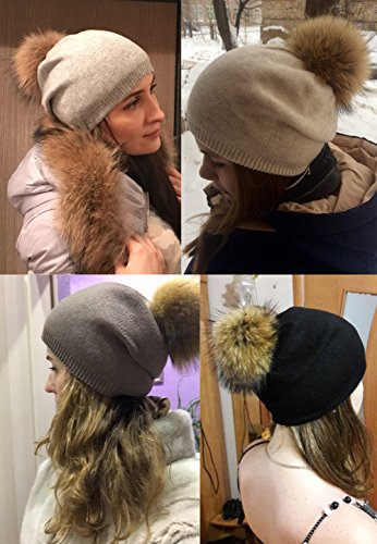 Women Knit Wool Beanie - Winter Fashion Solid Wool Hats Real Removable Raccoon Fur Pom Pom Warm Ski Beanie - color: 03- Black