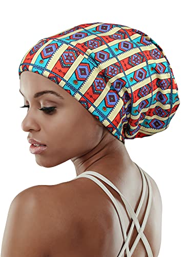 Adjustable Satin Lined Sleep Cap for Dreadlocks Curly Hair Large Head-Stay On Overnight - color: Yellow Blue