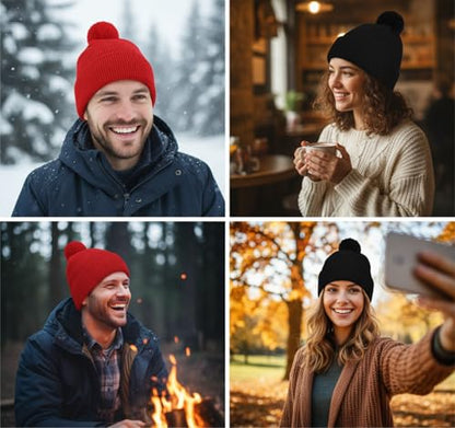 Geyoga 2 Pcs Pom Beanie Hat Men Women Winter Hat Pom Knit Cap Beanies with Ball at Top Acrylic Winter Cap with Cuff - color: Red, Black, style: Classical