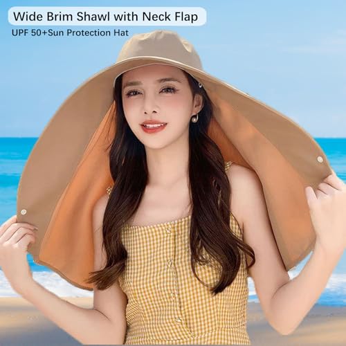 Sun Hats for Women Sun Protection,Wide Brim Cap with Large Neck Flap,Women Hiking Fishing Sun Hat,UPF 50+ Sun Protection Cap - color: Khaki