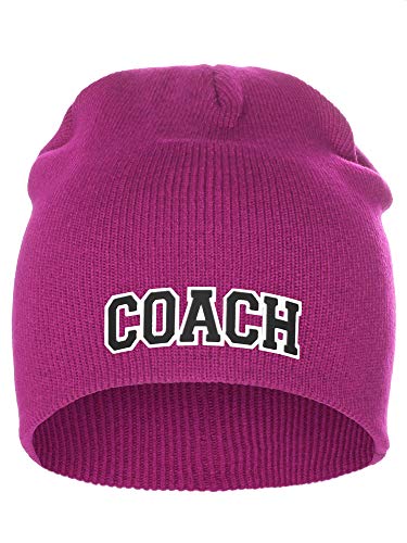 I&W Sports Team Coach Arch Letters Winter Knit Cuffless Beanie 3D Raised Layers - color: Hot Pink Beanie White Black