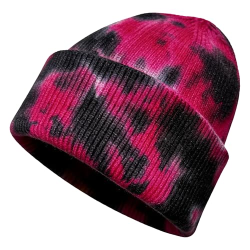 Beanie for Women Men Unisex Tie Dye Cuffed Knit Skull Cap Colorful Gradient Winter Hat Soft Slouchy Warm Less Static - color: Red